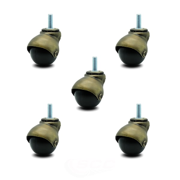 2 Inch Antique Brass Hooded 3/8 Inch Threaded Stem Ball Casters SCC, 5PK